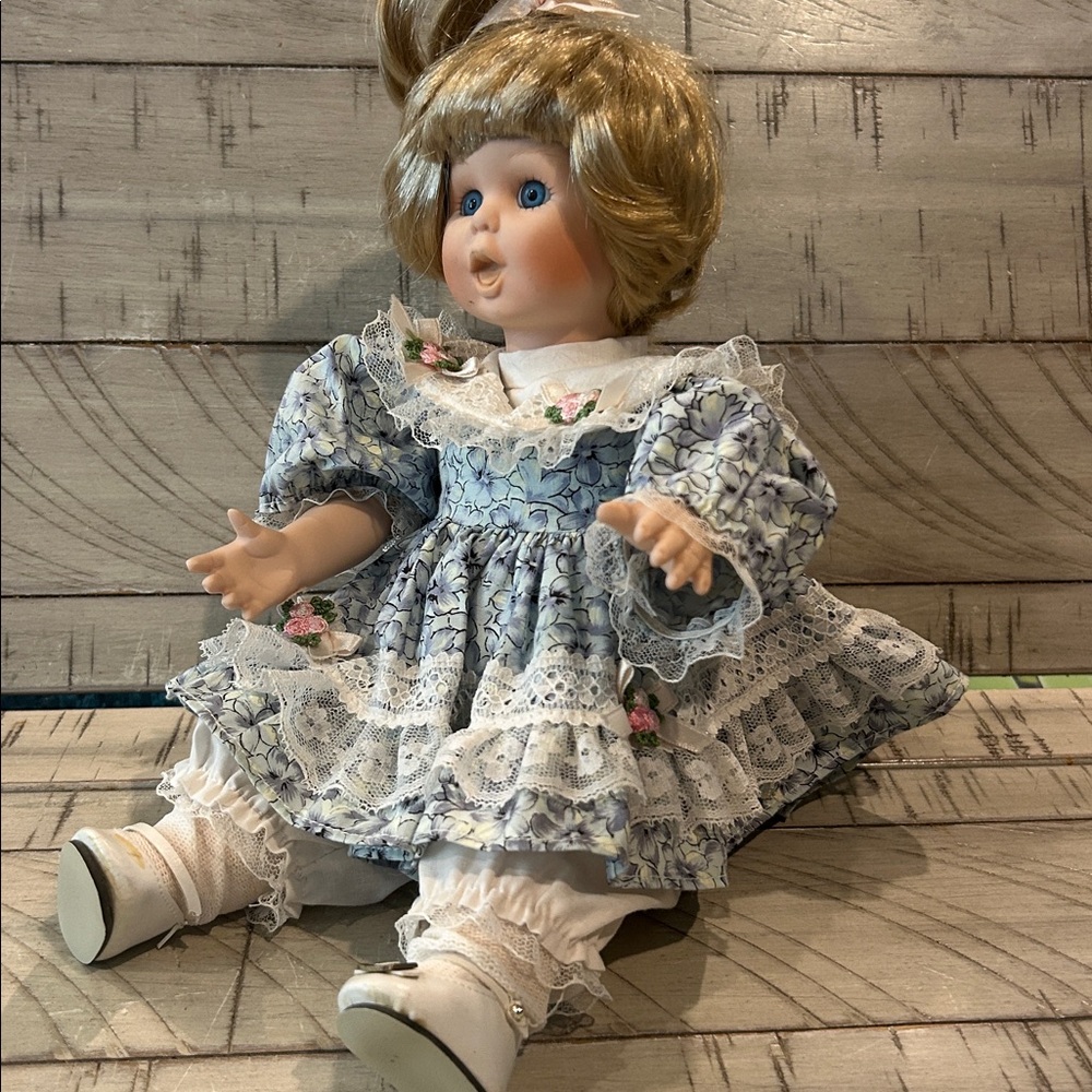 Collectible Porcelain Blonde Doll with Music Box  Lace Trimmed Dress & Bloomers - Picture 7 of 13